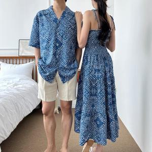 다낭 여행 블루 사각 패턴 커플 휴양지룩 하와이안 베트남 제주도 비치 괌