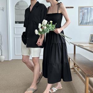 몰디브 비치 모노톤 셔츠 끈 원피스 커플룩 휴양지룩 허니문 해변룩 휴가룩