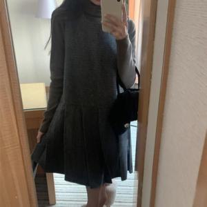 여자 잔잔체크 헤링본 폭신 맞주름 슬리브리스 중간 원피스
