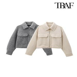 여성숏코트 여자봄코트 A라인 니트 반 아우터 TRAF 여성용 포켓 크롭 재킷 긴팔 코트 앞 지퍼 아우터 시크