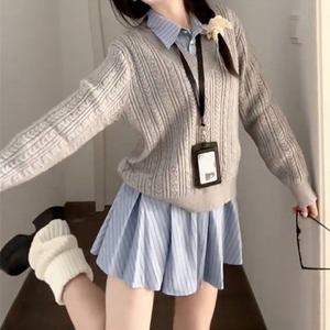 당일배송 모카그레이브이넥꽈배기패턴 루즈핏소프트긴팔니트 3377 봄가을겨울체형커버레이어드룩