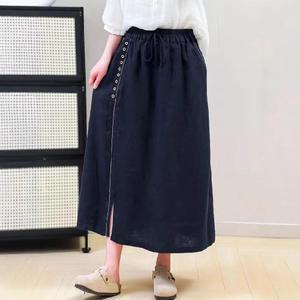 여성 예쁜핏 롱 스커트 여름 샌드 워싱 린넨 밴딩 허리 스트링 옆트임 A라인 OOTD2