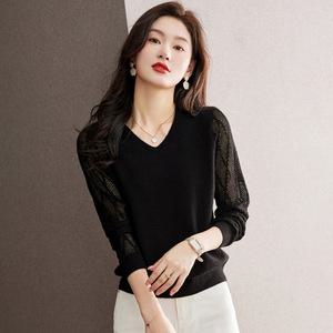 손오반 여자데일리룩 니트 브이넥 상의 KUK1 봄 이너 레이스 스웨터 얇은 키작 가을