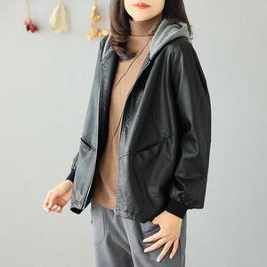 R4E 여성 후드 가디건 블랙 패치 루즈핏 빈티지 PU빅사이즈 가죽 피유의 가을 젠3