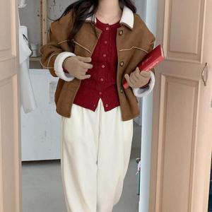 [옷자락]여자 겨울 뽀글 카라 양면 스웨이드 무스탕 크롭 자켓