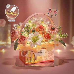 여아용 창의적인 핑크 장미 바구니 부케 빌딩 블록, 조립 신선한 꽃, 스승의 날 선물