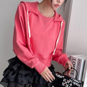 여자 박스핏 캥거루 크롭긴팔티 나그랑 후드 면 티셔츠