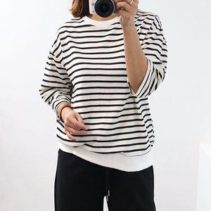 여성 벌룬 스트라이프 봄 긴팔 면티 라운드 줄무늬 7부 맨투맨 티 티셔츠