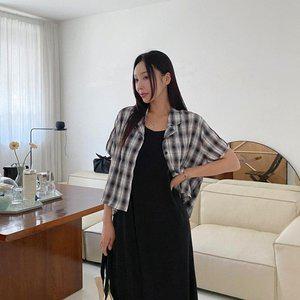 [옷자락]여자 여름 골지 롱원피스 체크 오버핏 크롭 셔츠 세트_P365477223
