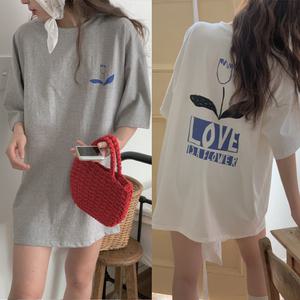 p842 튤립 박스티 코튼 나염티 오버핏 반팔롱티 루즈 국내생산