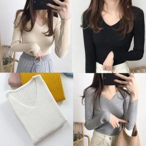 [오노마] ONM 여자 베이직 아니카 골지 봄가을 숏 슬림 브이넥 티셔