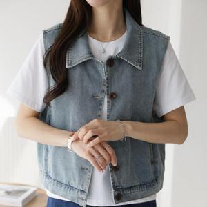여자 카라넥 베이직핏 청조끼 SS 진 단추 주머니 조끼