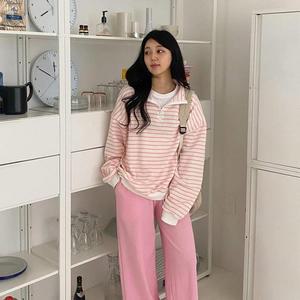 하프집업 하이넥 면티 스트라이프맨투맨 와이드팬츠