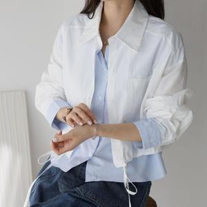 레이어드 이중남방 스트라이프 허리스트링 흰색셔츠 크롭