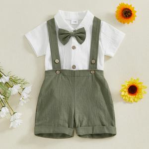 유아 아기 롬퍼 BeQeuewll 2PCS 을위한 여름 신사 옷 서스펜더 반바지와 숏 Romper Bowtie 신생아 정장