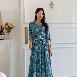 [다잇템] 여자 귀여운 롱 플라워패턴 반소매 후레아 벨티드 원피스