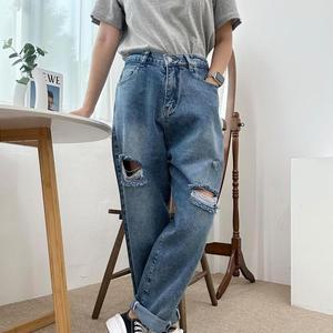 여자 찢청 배기핏 중청 데미지 개강룩 데님팬츠