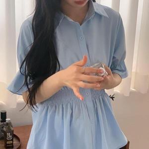 /옷자락 여자 스모크 페플럼 프릴 셔츠 블라우스