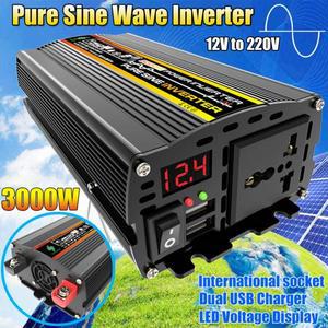 차량용 인버터 LED 디스플레이 전압 변압기, 듀얼 USB, 순수 사인파, DC 12V ~ AC 220V, 자동차 RV, 3000,