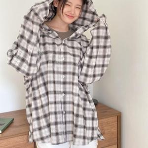 [다잇템] 여자 후드남방 언발 드로우코드 큰사이즈 박시 격자 셔츠