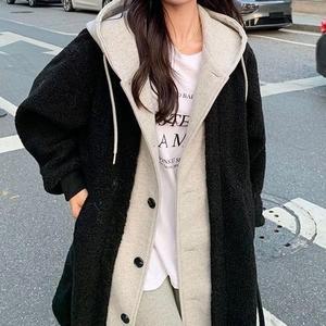 [IXHJ8QCR_4B]뽀글이 루즈핏 자켓 후드 롱 코트 블랙