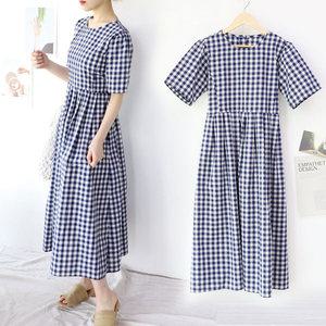 반팔 뒷단추 체크 롱 원피스 임산부원피스 임부복