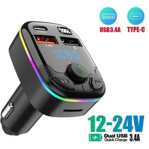 자동차 음악 어댑터 블루투스 호환 5.0 듀얼 USB 3.4A 핸즈프리 무선 차량용 키트 다채로운 주변 조명 라디