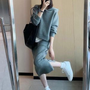 봄 가을 옆트임 롱 스커트 후드 티셔츠 캐주얼 투피스 세트