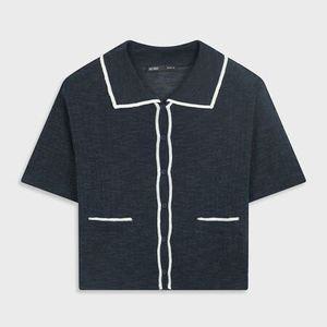 미쏘 여성용 카라넥 배색 반팔 가디건 Navy 090