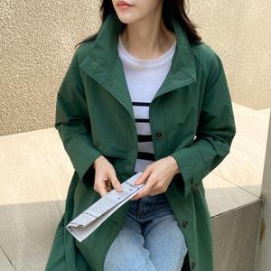여자 봄 여름 아우터 허리 스트링 하이넥 코튼 코트