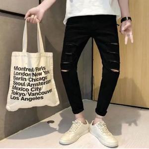 [RGLLR993]남자 스키니 진 데님 컷팅 디테일 블랙진 찢청