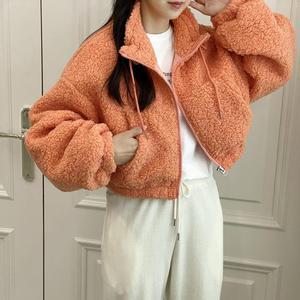 여자 러블리 오렌지 캐주얼 뽀글이 크롭 겨울 점퍼