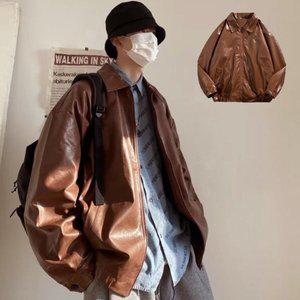 [신세계라이브쇼핑][옷자락] 남자 겨울 트렌디 오버핏 브라운 가죽 레더 집업 자켓