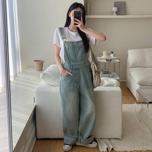 여성 빈티지 워싱 와이드 캐주얼 멜빵 데님팬츠