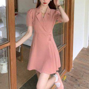 [옷자락]여자 봄 여름 핑크 블랙 플리츠 랩 플레어 미니원피스_P360760396