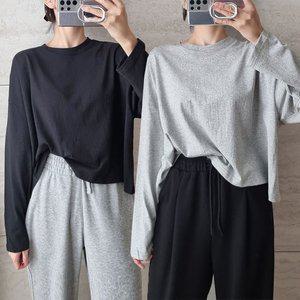 여성 봄 면 무지 라운드 세미 크롭 긴팔 티셔츠 박스티 간절기 기본티 -TS0527S- 빅사이즈 루즈핏
