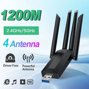듀얼 밴드 USB 와이파이 원격 제어 1200Mbps 어댑터 2.4GHz 5GHz 4 안테나 랜 동글 PC 미니 컴퓨터 600Mbps