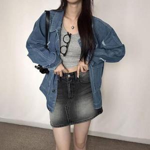 [오노마] ONM 여자 루즈핏 디스트로이드 찢어진 청 데님 자켓
