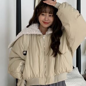 [디작소] 여성 겨울 양털 카라 후드 구스 숏 패딩