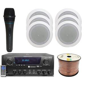 홈 시어터 시스템 키트 1000와트 블루투스 수신기 w / 6Qty 5.25인치 벽 내 천장 스피커 및 게이지 250피트 16개 각각 175와트. 와이어 휴대용 마이크 w /기술 전문가의 원격 제어