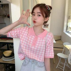 여성 브이넥 카라 단추 체크 니트 반팔티