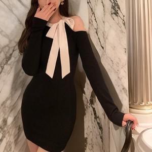 여자 빅리본 오프숄더 긴팔 미니 원피스