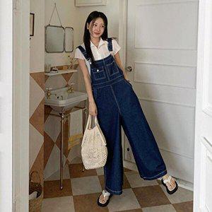 [옷자락]여자 캐주얼 스티치 와이드핏 포켓 데님 멜빵 바지