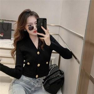 프렌치 버튼 니트 카디건 긴팔 코트녀 스웨터 금장버튼 슬림