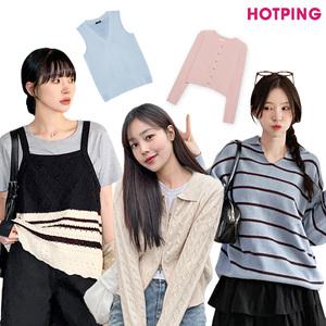 [핫핑] 44~110/봄 신상&베스트/니트/가디건/베스트/조끼/뷔스티에/골지/카라/라운드넥/브이넥/긴팔/반팔/빅사이즈