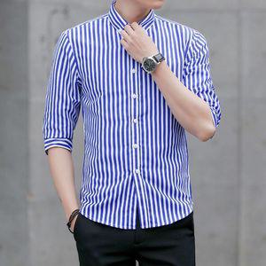 남성 심플데일리룩 체크 셔츠 여름 7부 소매 스트라이프 슬림 캐주얼 블라우스 OOTD2
