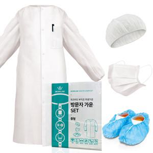 워크라인 일회용 부직포 위생 방역 방문자가운 안전 덧신 마스크 위생모 헤어캡 라운드캡 세트 1매