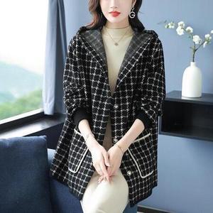 R4E여성 후드 가디건 니트 코트 체크 겨울 가을 도톰 빅사이즈 루즈핏 젠3