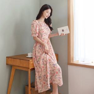 [시크라인] 플라워가든 러플넥 밴딩 퍼프 슬리브 쉬폰 원피스 빅사이즈/휴양지룩/나들이룩