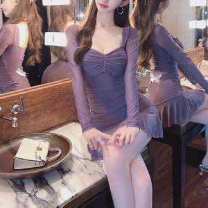 [하프클럽/신상오픈런]셔링 긴팔 타이트 무용 발레 미니 플레어원피스